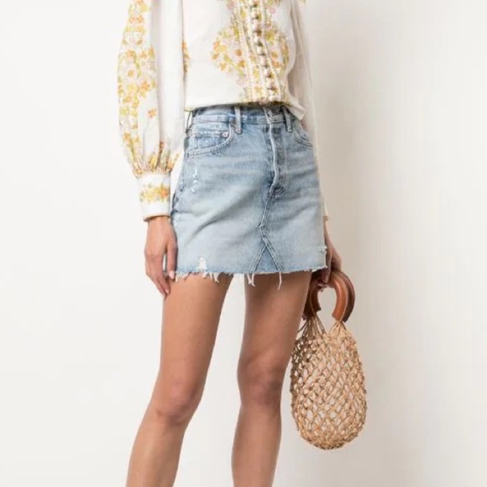 AGOLDE Quinn High Rise Light Wash Frayed Hems Denim Mini Skirt  Button Fly Sz 25